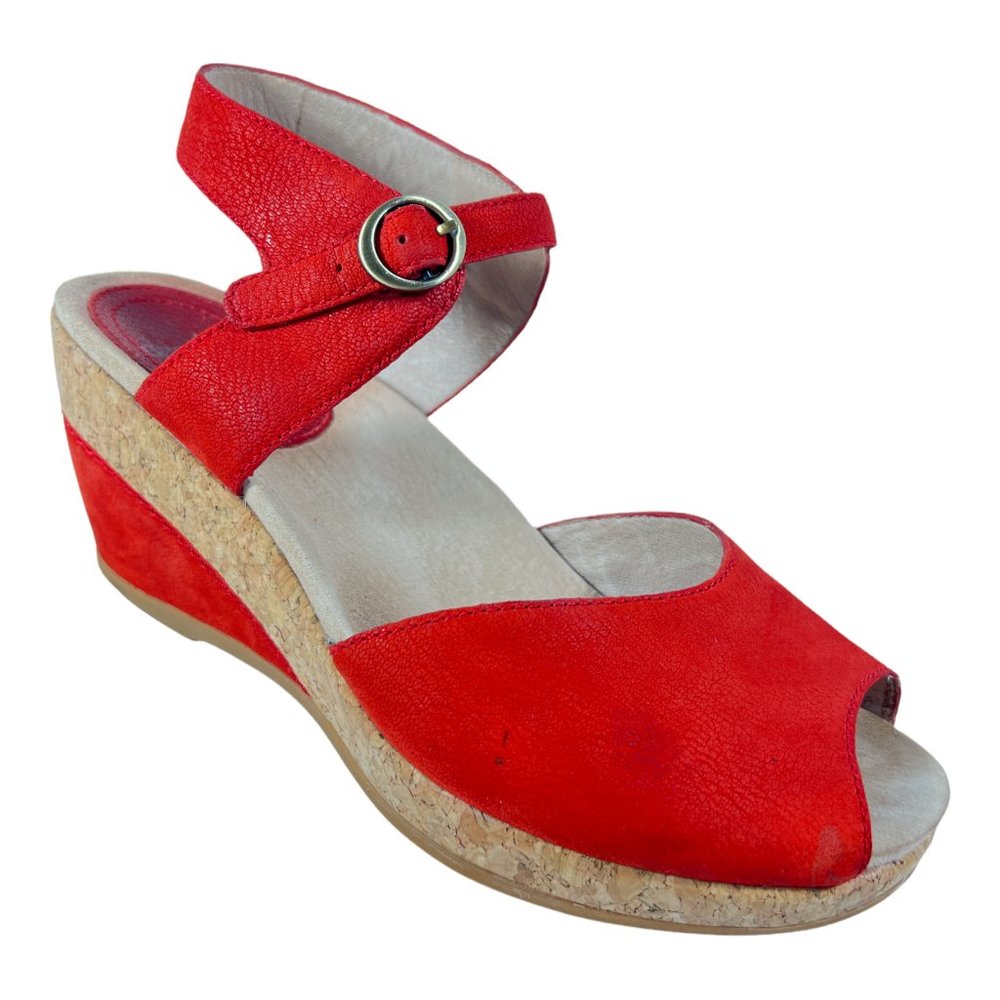 Dansko Women Charlotte Red Leather Wedge Ankle Strap Sandal 38
